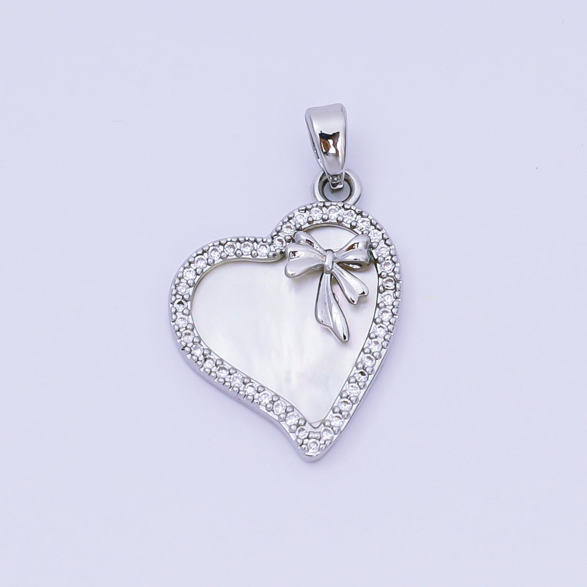 24K Gold Filled 19mm Micro Paved CZ Mother of Pearl Heart in Ribbon Pendant in Gold & Silver | AA - 1580 - DLUXCA