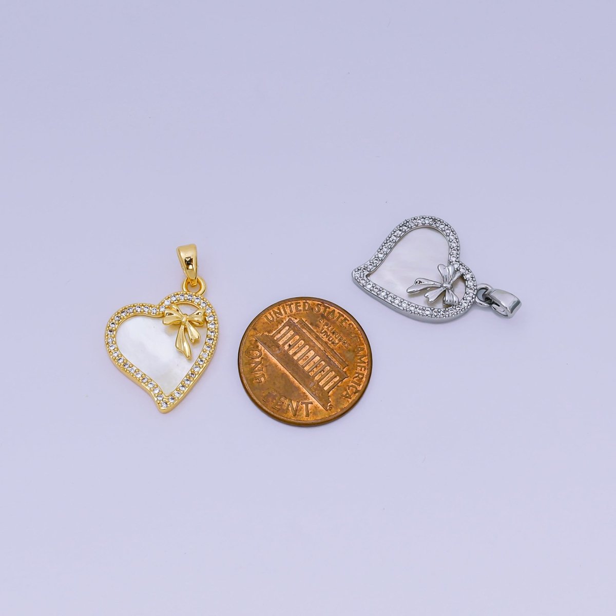 24K Gold Filled 19mm Micro Paved CZ Mother of Pearl Heart in Ribbon Pendant in Gold & Silver | AA - 1580 - DLUXCA