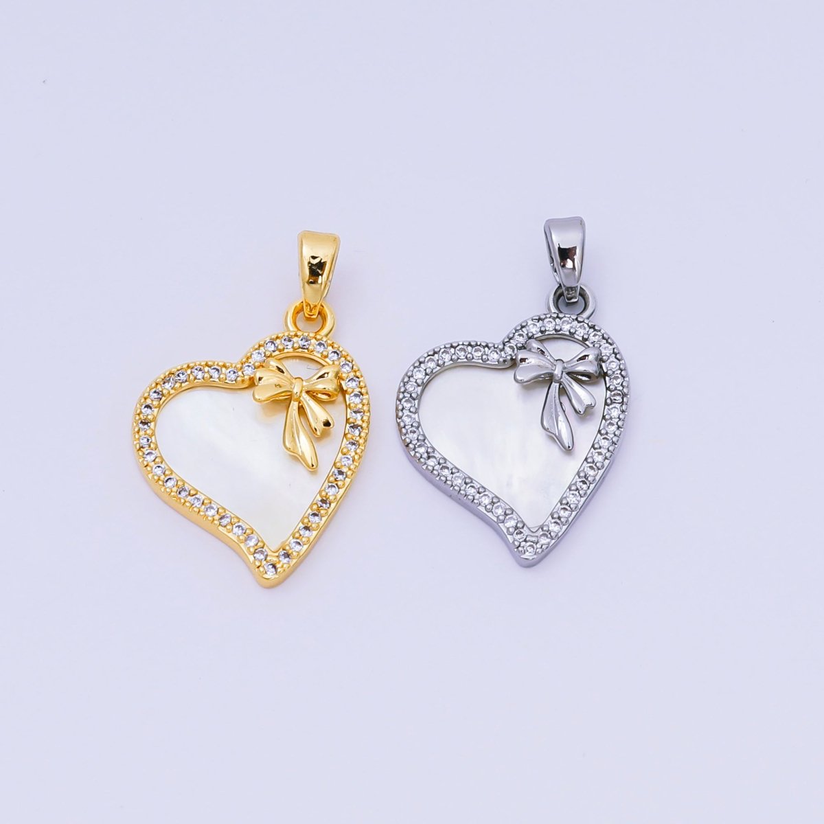 24K Gold Filled 19mm Micro Paved CZ Mother of Pearl Heart in Ribbon Pendant in Gold & Silver | AA - 1580 - DLUXCA