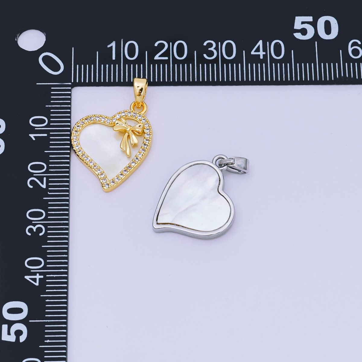 24K Gold Filled 19mm Micro Paved CZ Mother of Pearl Heart in Ribbon Pendant in Gold & Silver | AA - 1580 - DLUXCA