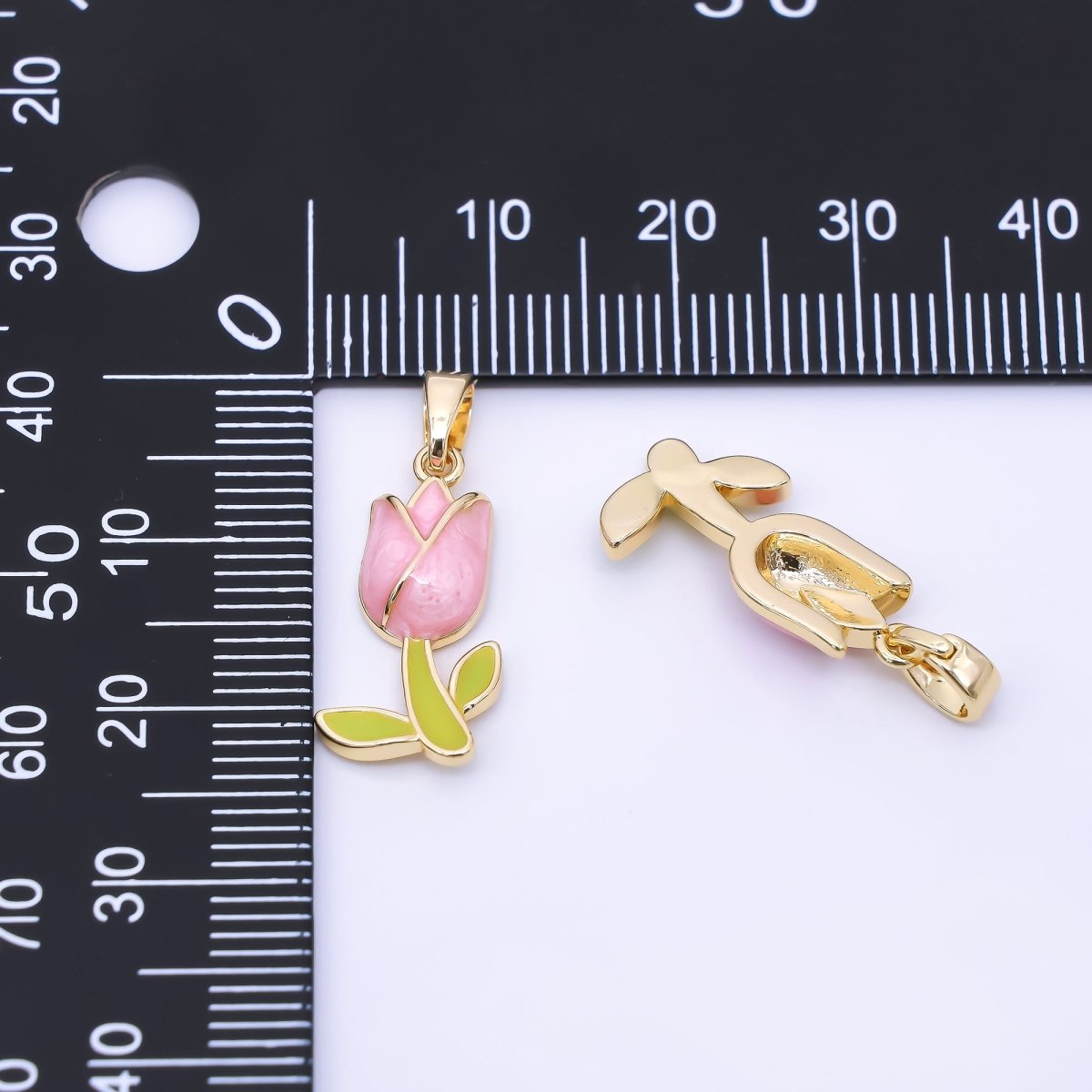 24K Gold Filled 19mm Pastel Enamel Romantic Pink Tulip Flower Pendant Netherland Inspired | AA1642 - DLUXCA
