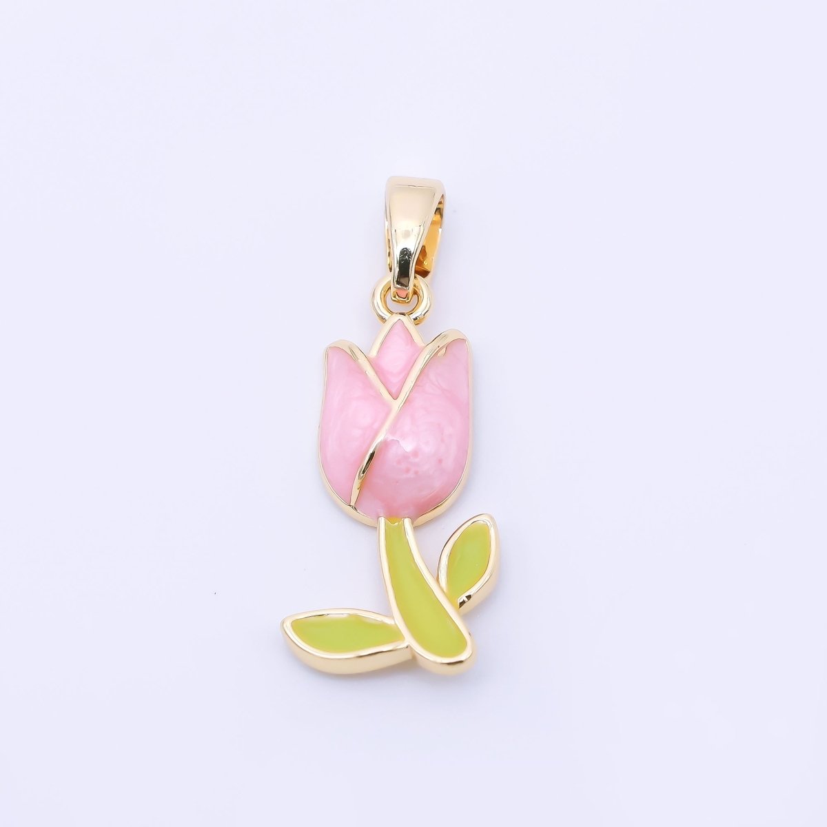 24K Gold Filled 19mm Pastel Enamel Romantic Pink Tulip Flower Pendant Netherland Inspired | AA1642 - DLUXCA