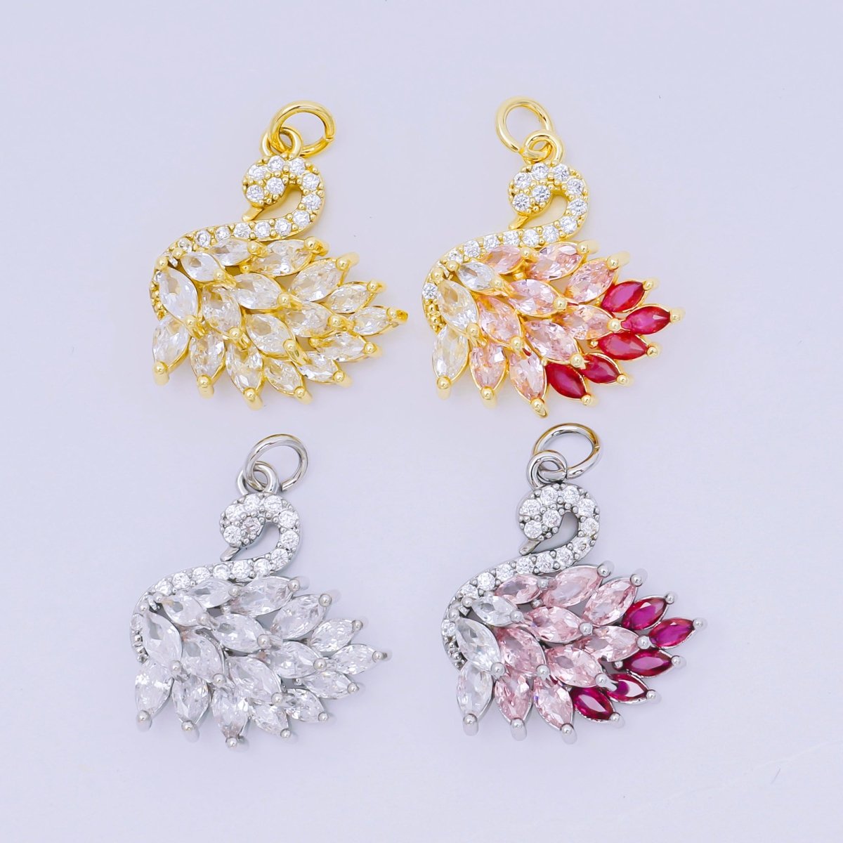 24K Gold Filled 19mm Pink & Fuchsia Marquise CZ Goddess Style Swan Animal Charm in Gold & Silver | D - 398 - DLUXCA