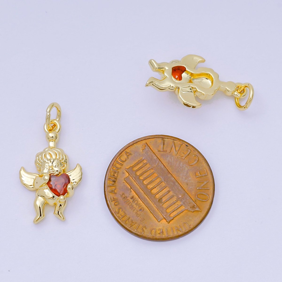 24K Gold Filled 19mm Red Heart - Shaped CZ Baby Cupid Angel with Love Charm | D - 156 - DLUXCA