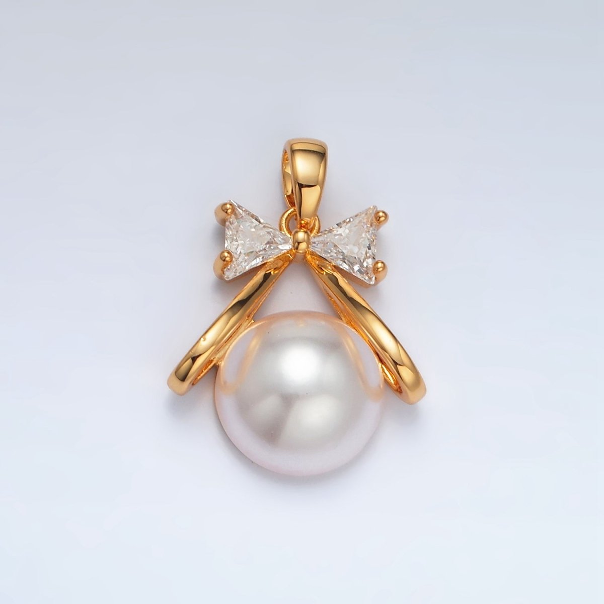 24K Gold Filled 19mm Ribbon Bow CZ Shell Pearl Pendant | AA1409 - DLUXCA