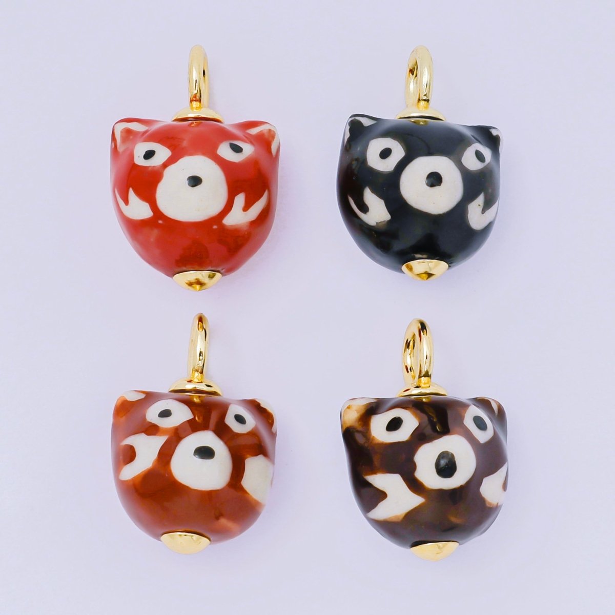 24K Gold Filled 20.5mm Black, Red, Brown Ceramic Fox Bear Drop Charm | AF1295 AF1296 - DLUXCA