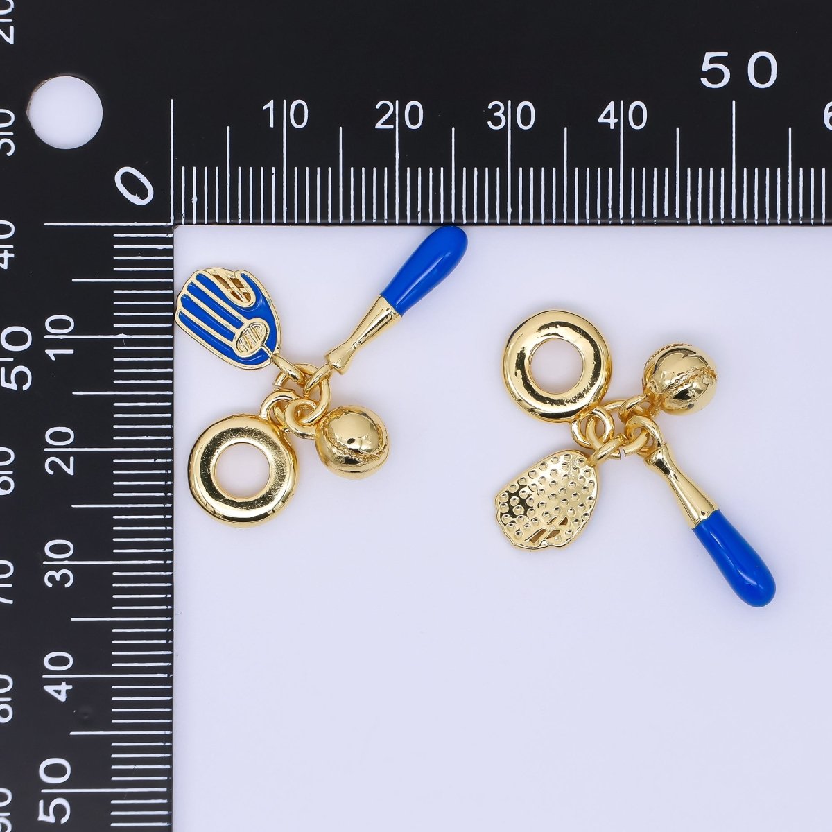 24K Gold Filled 20.5mm Blue Sticks, Gloves, & Ball Baseball Sports Set Rondelle Drop Charm | AC1614 - DLUXCA