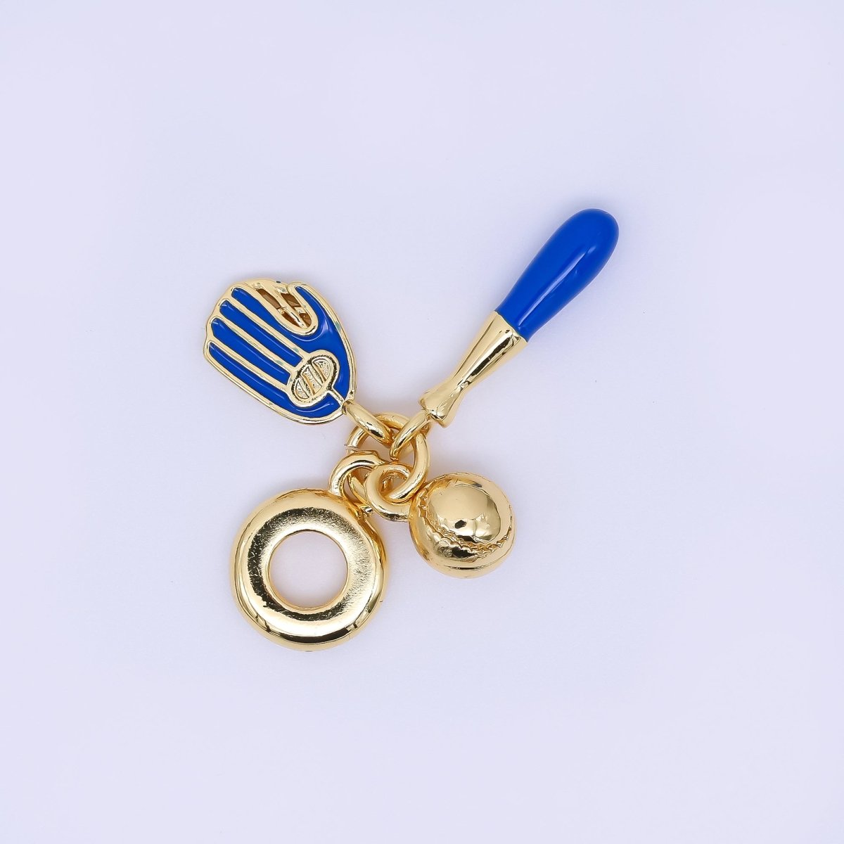24K Gold Filled 20.5mm Blue Sticks, Gloves, & Ball Baseball Sports Set Rondelle Drop Charm | AC1614 - DLUXCA