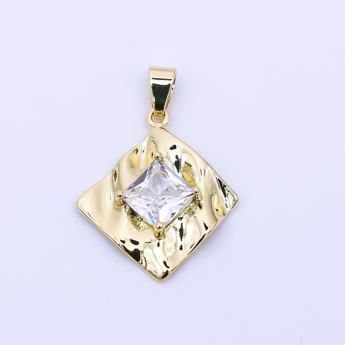24K Gold Filled 20.5mm Square CZ Hammered Square Pendant | AH - 537 - DLUXCA