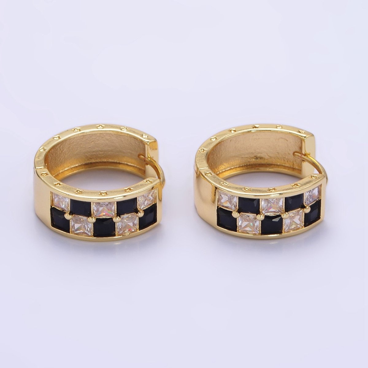 24K Gold Filled 20mm Black, Green Checkered CZ Huggie Hoop Earrings | P524 - DLUXCA