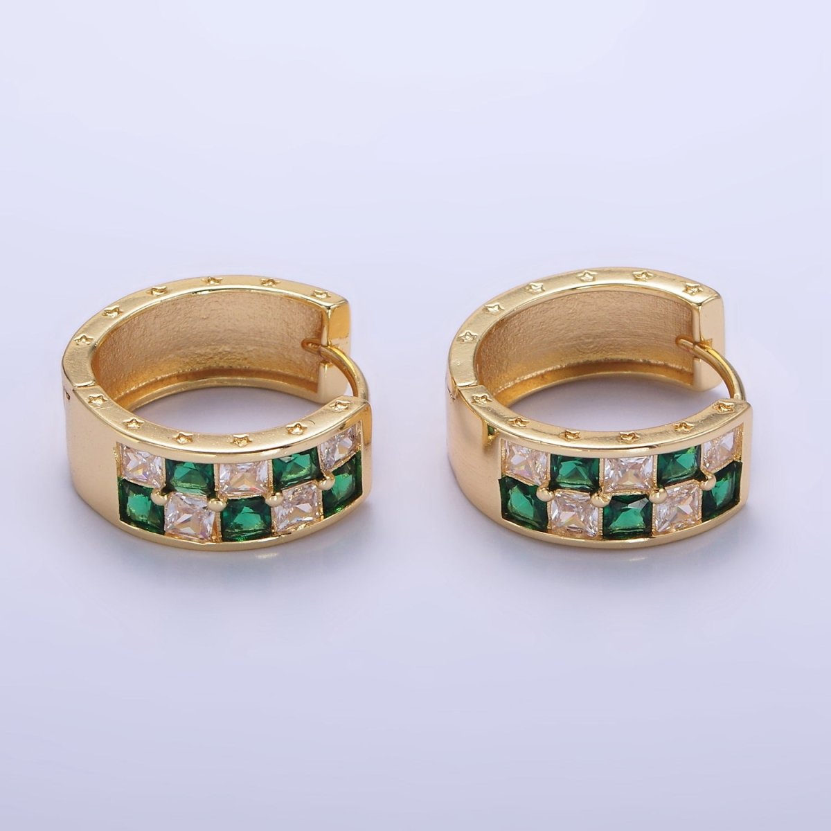 24K Gold Filled 20mm Black, Green Checkered CZ Huggie Hoop Earrings | P524 - DLUXCA