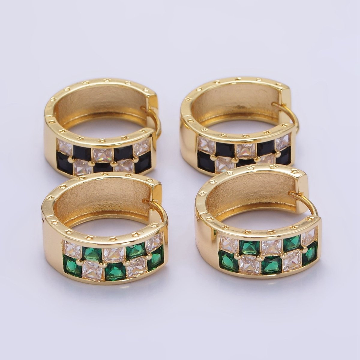 24K Gold Filled 20mm Black, Green Checkered CZ Huggie Hoop Earrings | P524 - DLUXCA