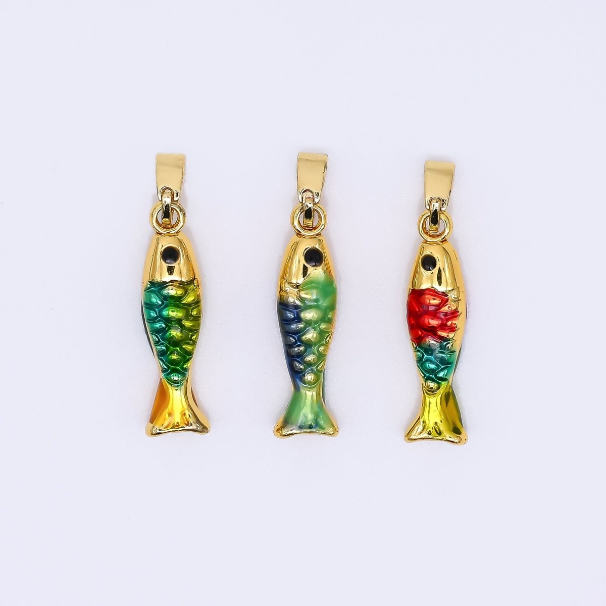 24K Gold Filled 20mm Black Round CZ Enamel Art Ocean Fish Animal Dainty Pendant in Green, Red, & Blue | AH - 512 AH - 513 - DLUXCA