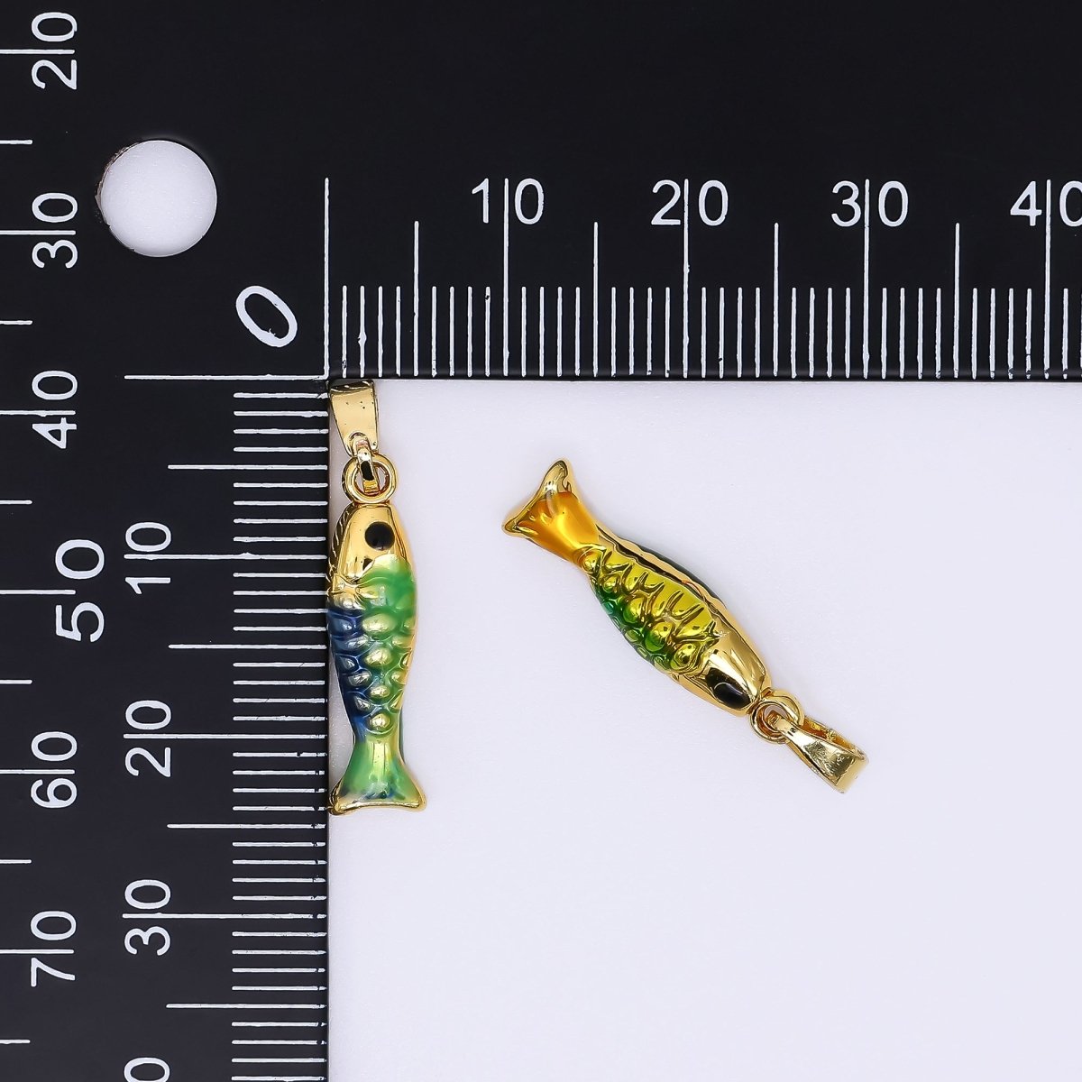 24K Gold Filled 20mm Black Round CZ Enamel Art Ocean Fish Animal Dainty Pendant in Green, Red, & Blue | AH - 512 AH - 513 - DLUXCA