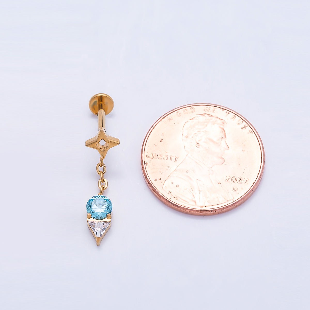 24K Gold Filled 20mm Blue Clear CZ Star Drop Cartilage Piercing Flat Back Stud in Gold & Silver | Findings-00262 Findings-00263 - DLUXCA