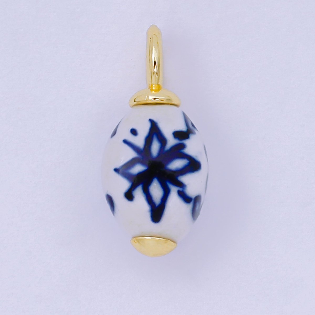 24K Gold Filled 20mm Blue - White Lotus Flower Ceramic Drop Charm | AF1284 - DLUXCA