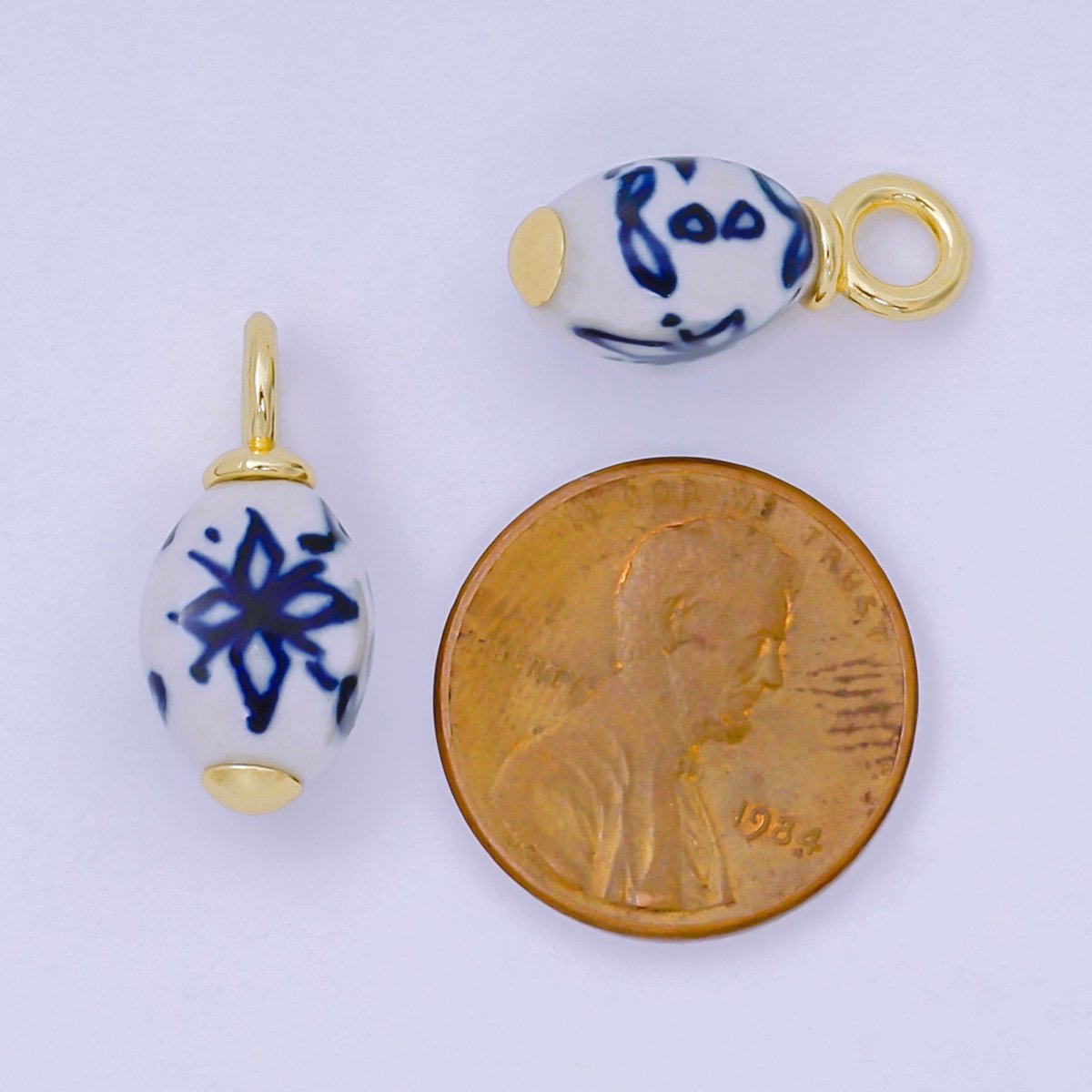 24K Gold Filled 20mm Blue - White Lotus Flower Ceramic Drop Charm | AF1284 - DLUXCA