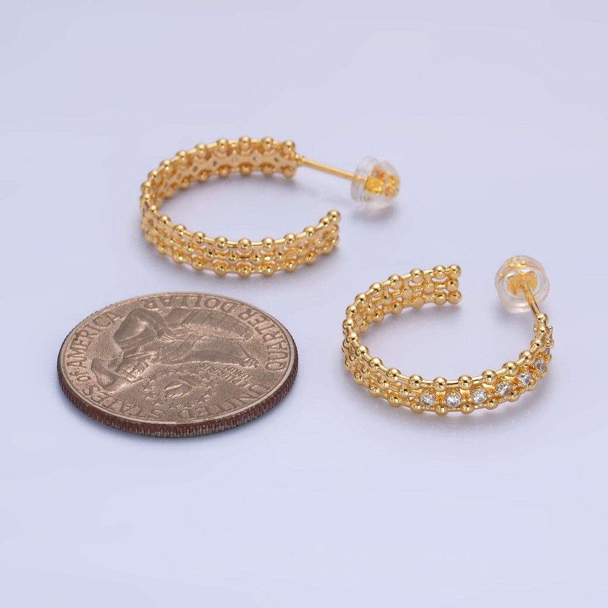 24K Gold Filled 20mm CZ Dotted C - Shaped Hoop Earrings | V279 - DLUXCA