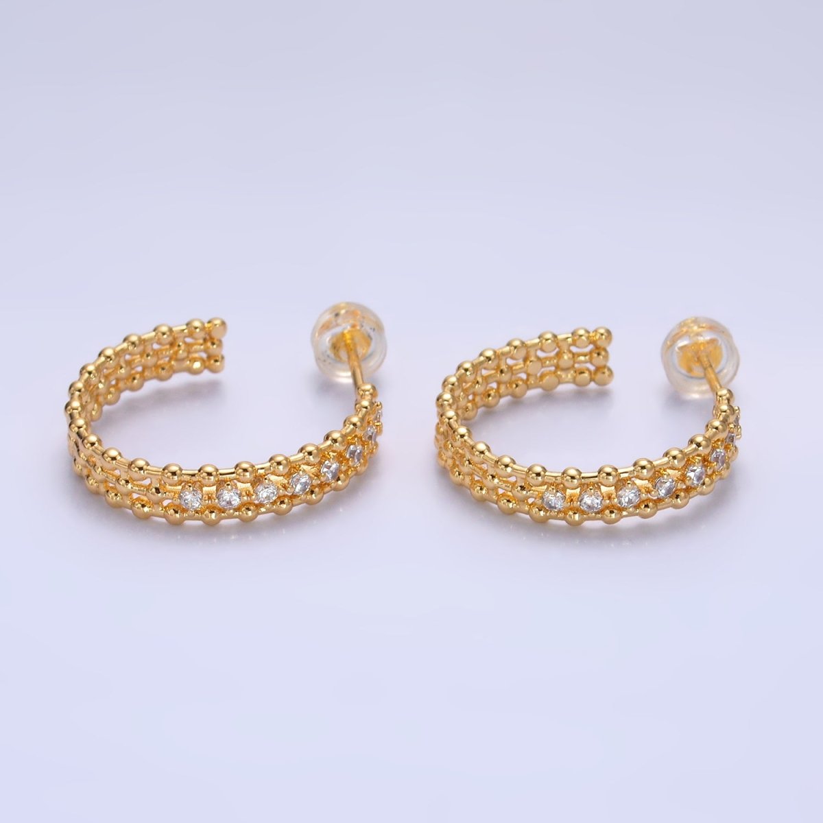 24K Gold Filled 20mm CZ Dotted C - Shaped Hoop Earrings | V279 - DLUXCA