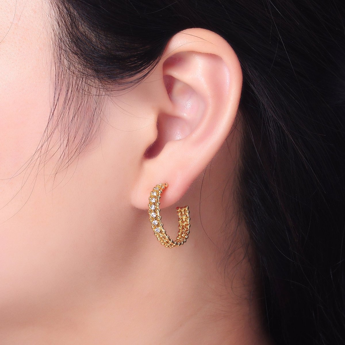 24K Gold Filled 20mm CZ Dotted C - Shaped Hoop Earrings | V279 - DLUXCA