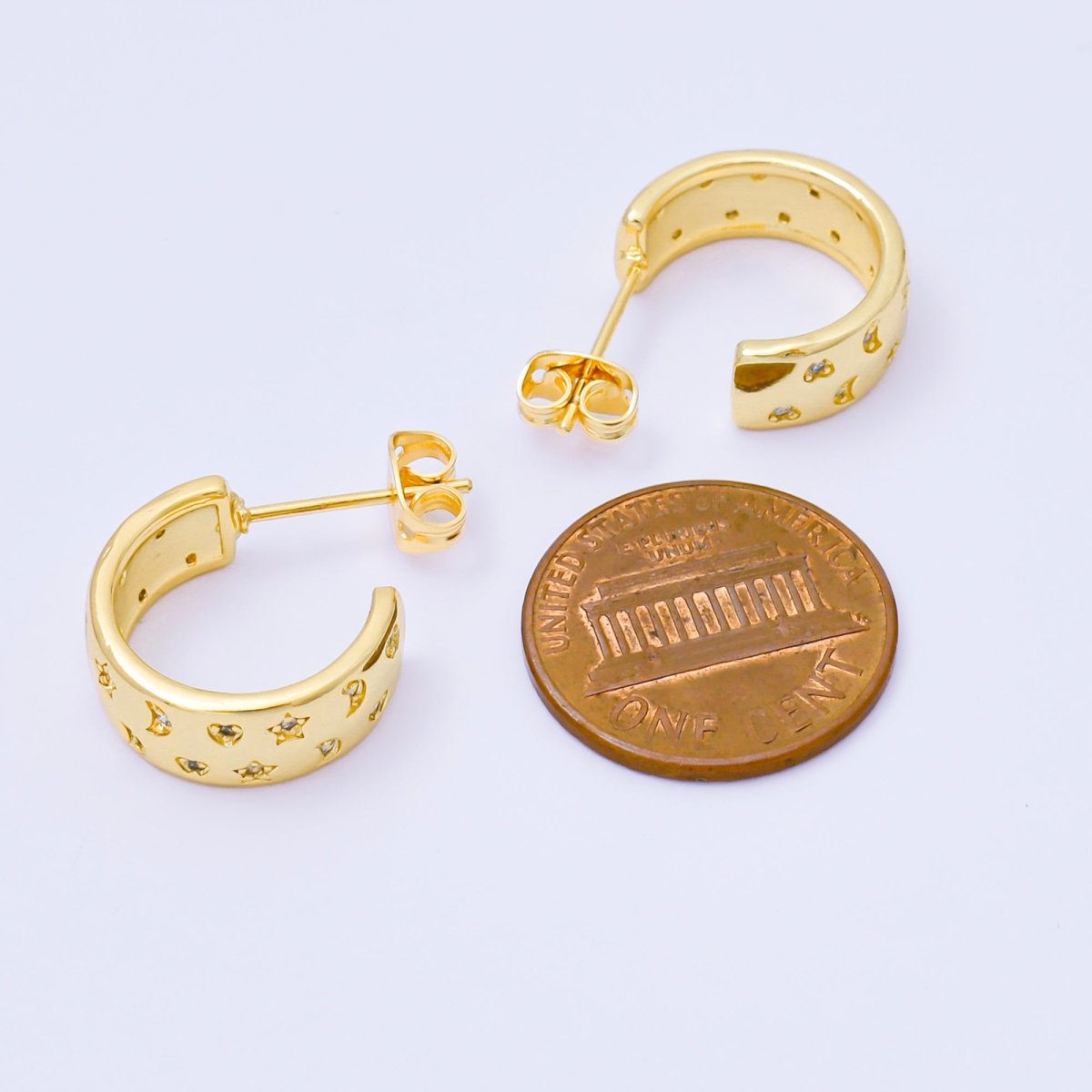 24K Gold Filled 20mm CZ Star Moon Heart C - Shaped Hoop Earrings | AB1563 - DLUXCA
