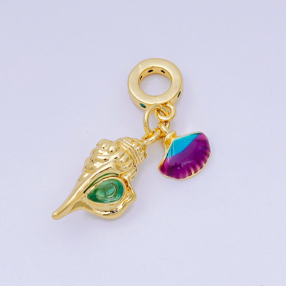24K Gold Filled 20mm Enamel Art Mermaid's Delight Set Charm in Clam Shell & Conch Shell | AH - 597 - DLUXCA