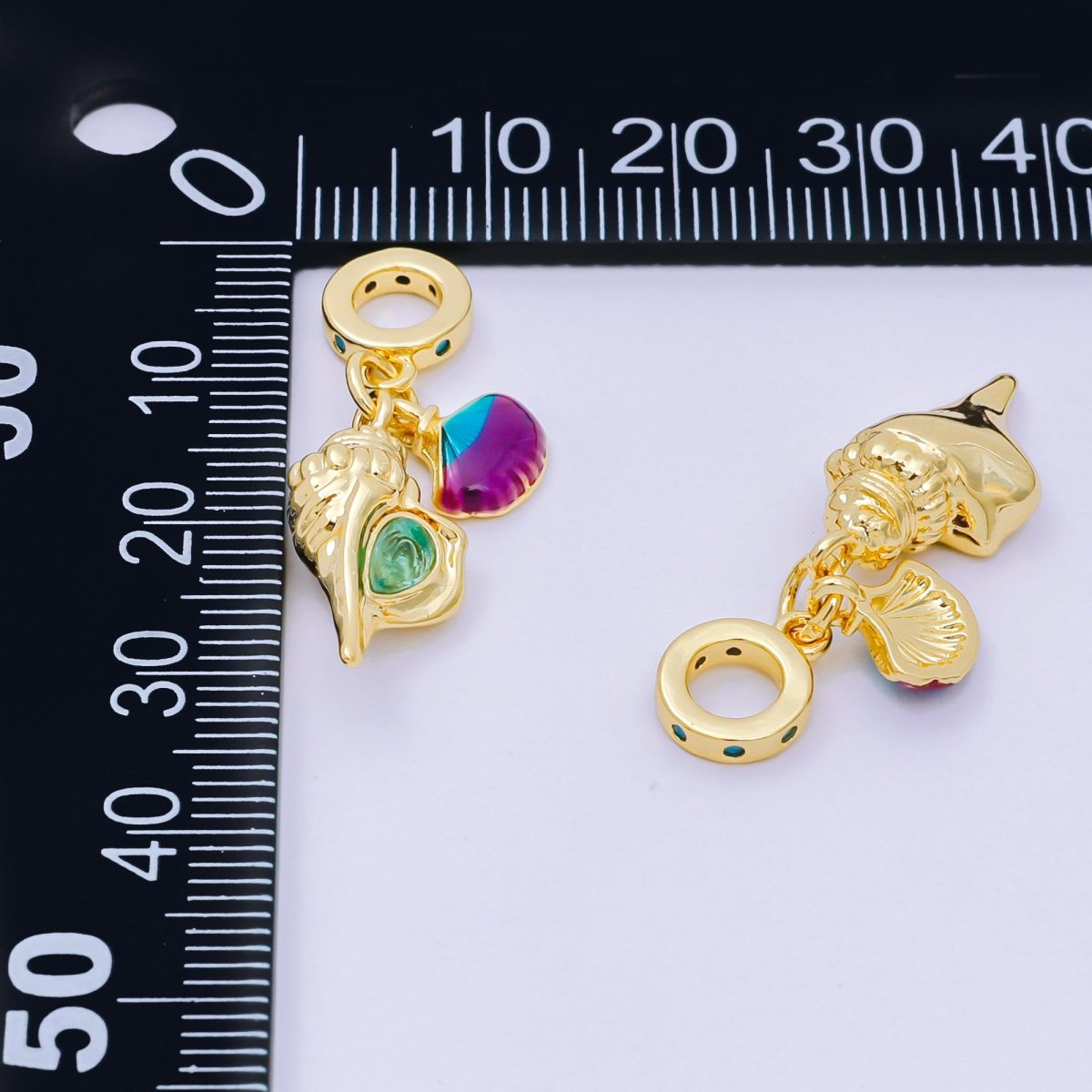 24K Gold Filled 20mm Enamel Art Mermaid's Delight Set Charm in Clam Shell & Conch Shell | AH - 597 - DLUXCA