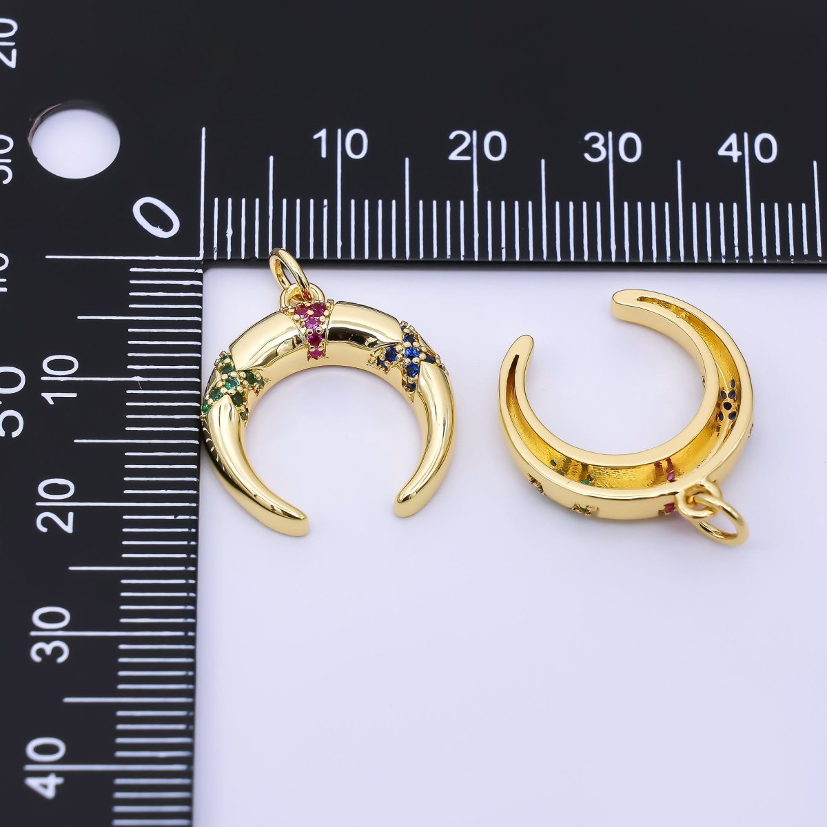 24K Gold Filled 20mm Green, Fuchsia, & Blue Micro Paved CZ Crescent Moon Charm | AC1610 - DLUXCA