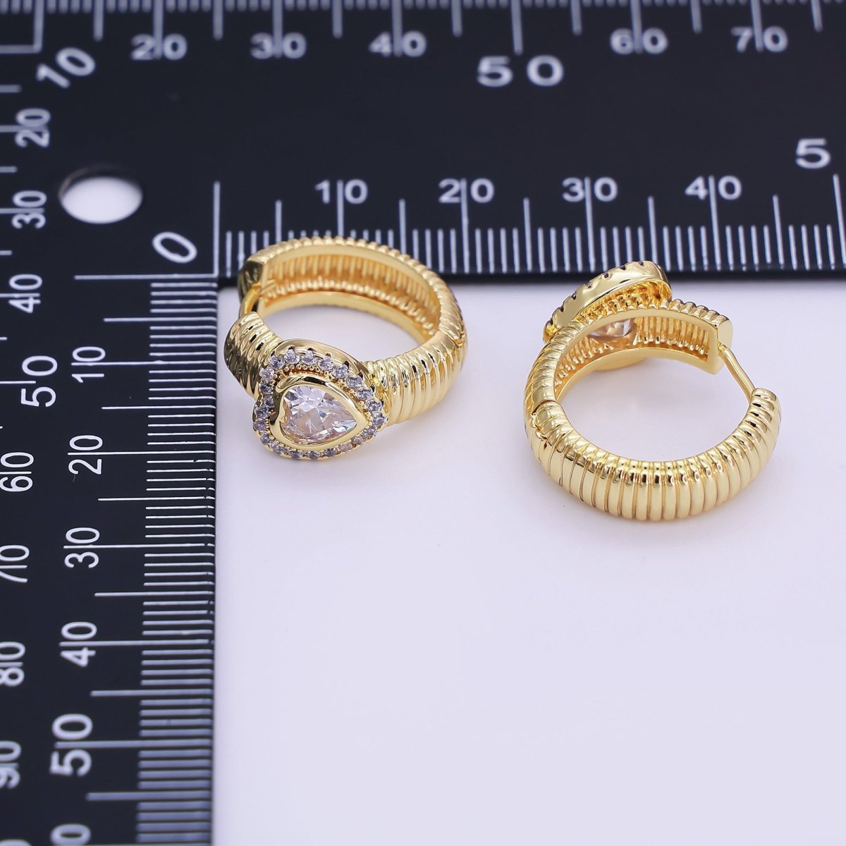 24K Gold Filled 20mm Heart Micro Paved CZ Ribbed Huggie Earrings | T138 - DLUXCA