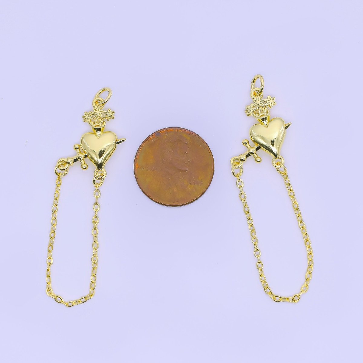 24K Gold Filled 20mm Love & War Charm Heart and Sword | E323 - DLUXCA