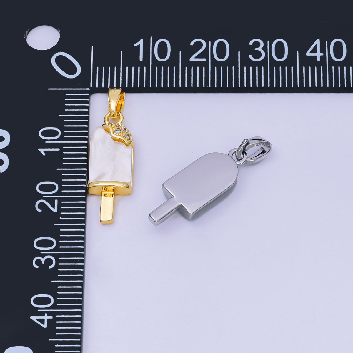 24K Gold Filled 20mm Micro Paved CZ Mother of Pearl Ice Cream Popsicle Pendant in Gold & Silver | AA - 1581 - DLUXCA
