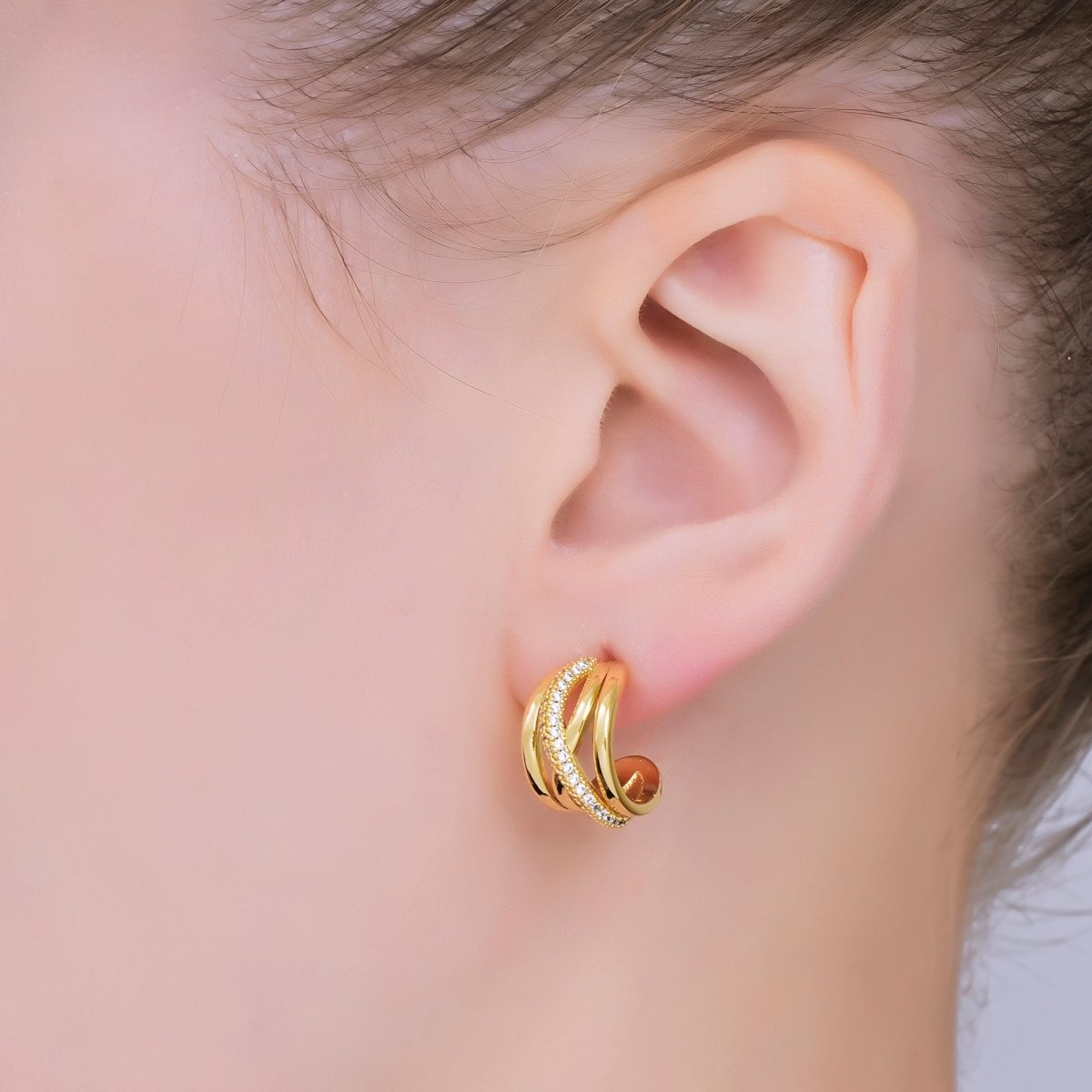 24K Gold Filled 20mm Micro Paved CZ Multiple Band C - Shaped Hoop Earrings | AB1564 - DLUXCA