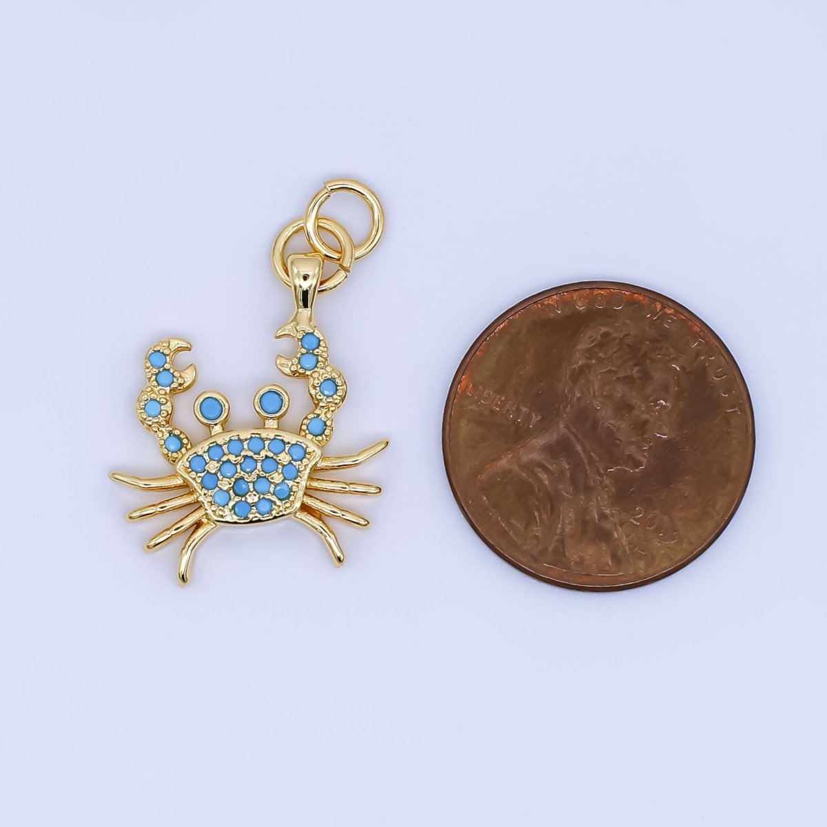 24K Gold Filled 20mm Micro Paved CZ Turquoise Blue Cancer Crab Charm Sea Animal Pendant | AJ - 505 - DLUXCA