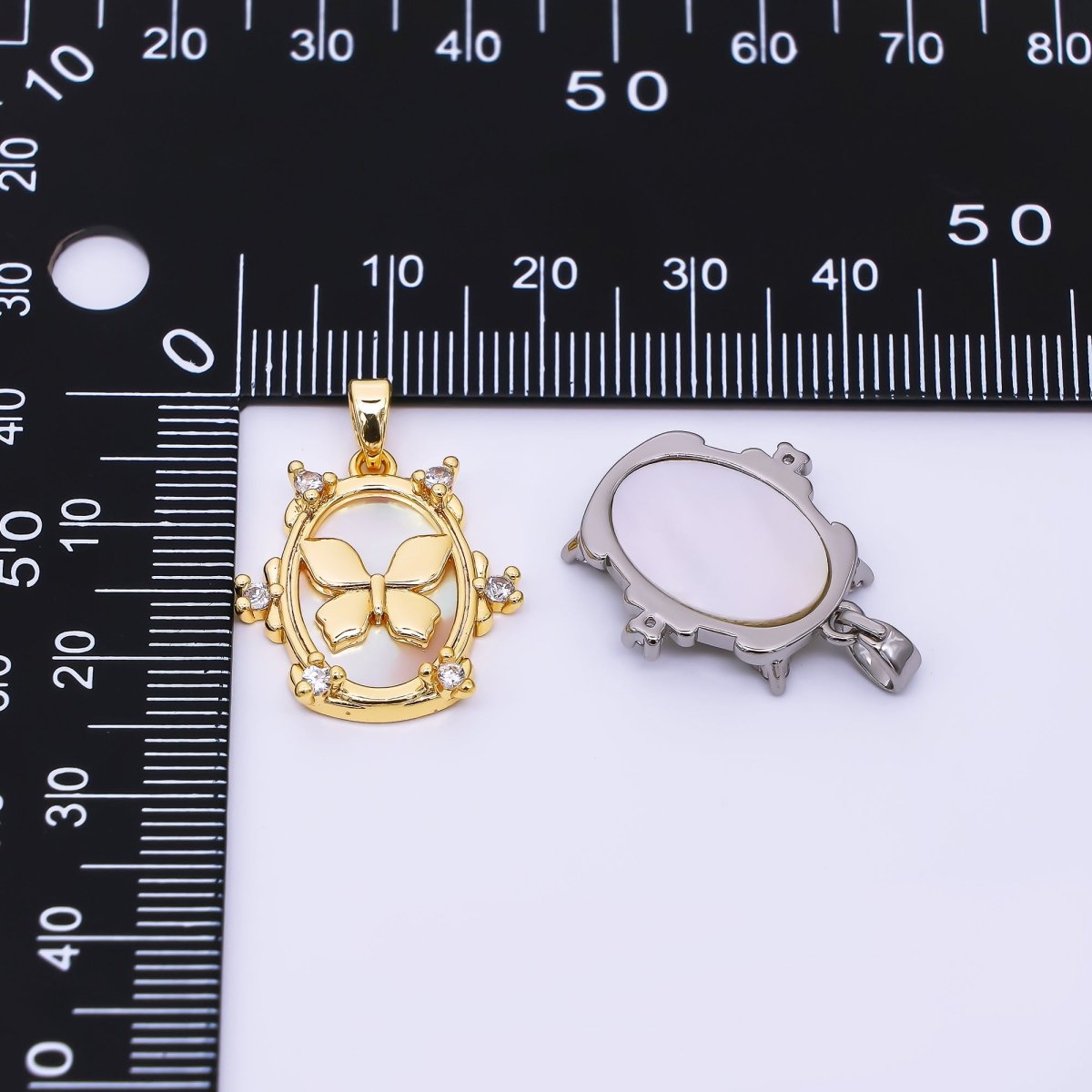 24K Gold Filled 20mm Mother of Pearl Framed Butterfly Animal Pendant in Gold & Silver | AA - 1572 - DLUXCA