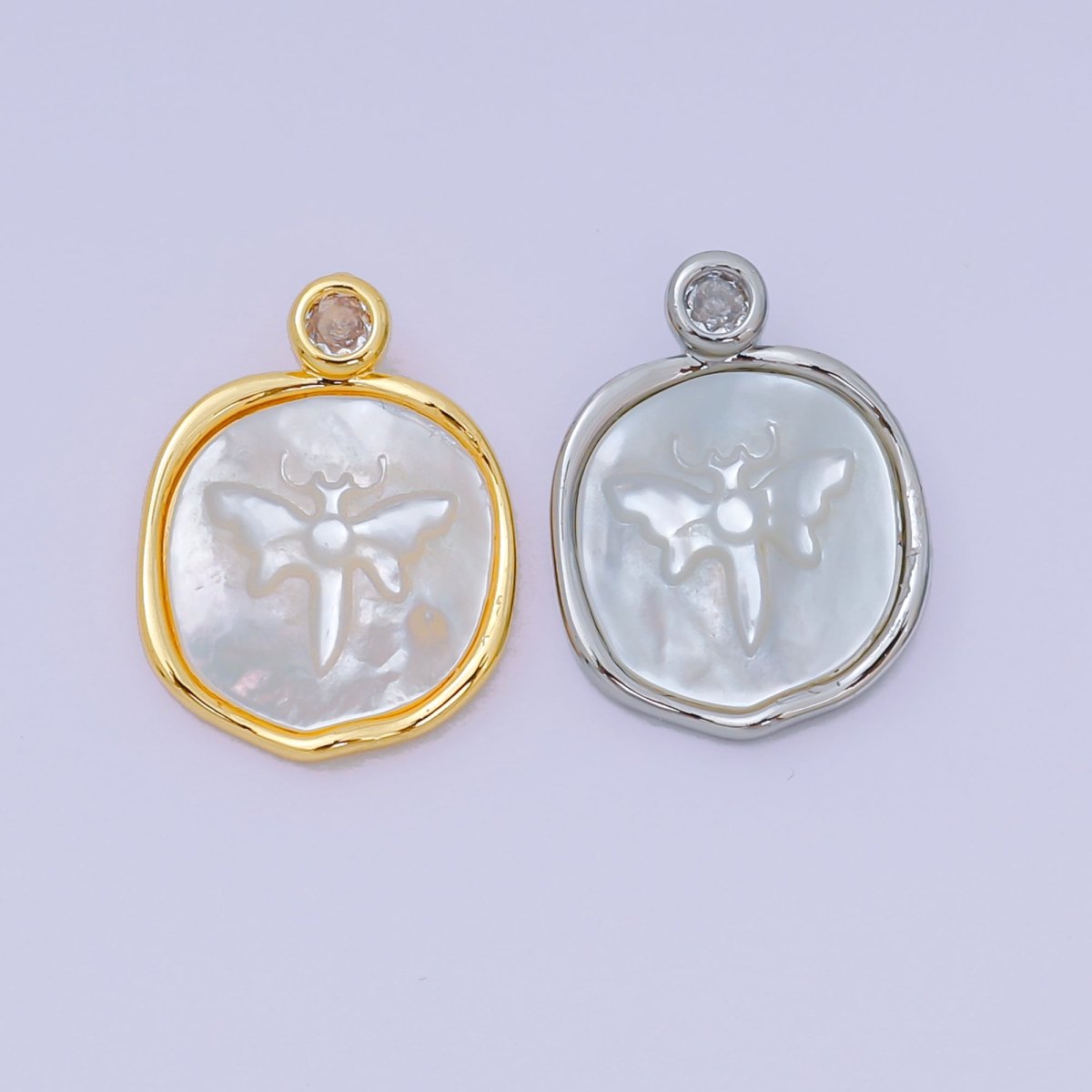 24K Gold Filled 20mm Mother of Pearl The Moth Butterfly Medallion Pendant in Gold & Silver | AA - 1578 - DLUXCA