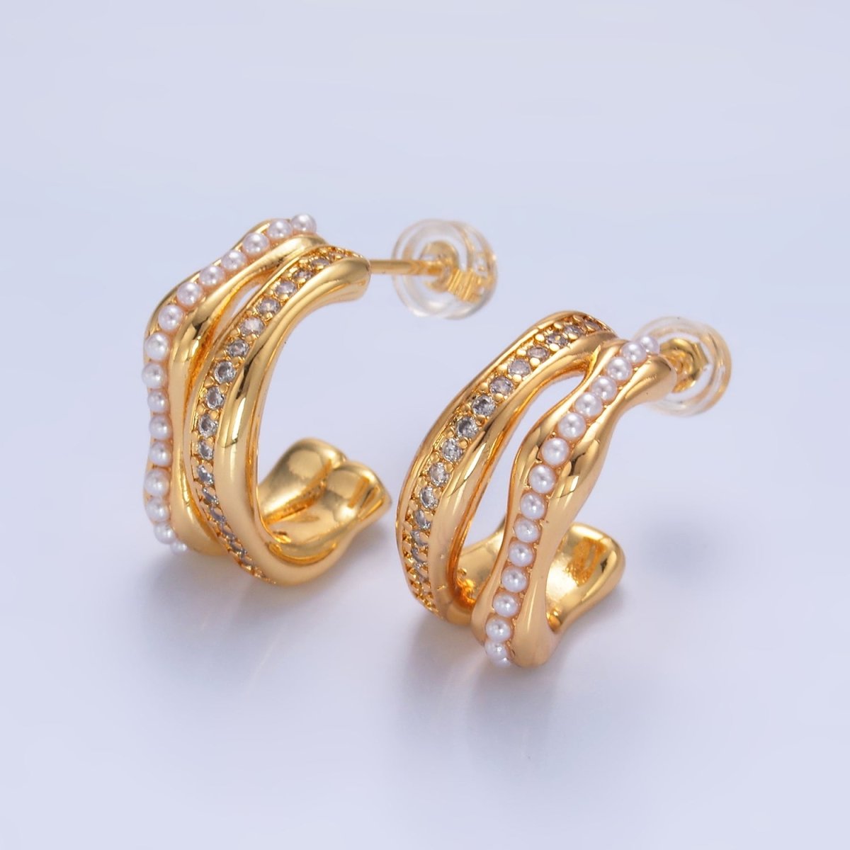 24K Gold Filled 20mm Pearl Micro Paved CZ Double Band C - Shaped Hoop Earrings | Q534 - DLUXCA