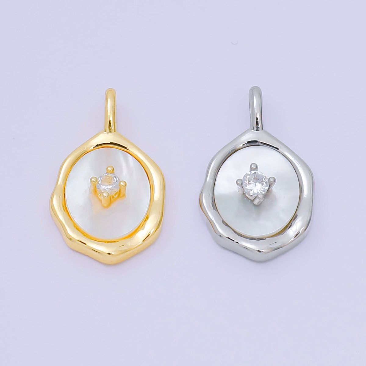 24K Gold Filled 20mm Round CZ Shell Pearl Abstract Mirror Pendant in Gold & Silver | AA - 1584 - DLUXCA