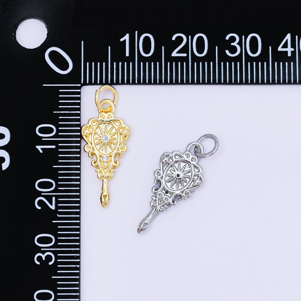 24K Gold Filled 20mm Twin Round CZ Hand Mirror Fantasy Charm in Gold & Silver | AF1252 - DLUXCA