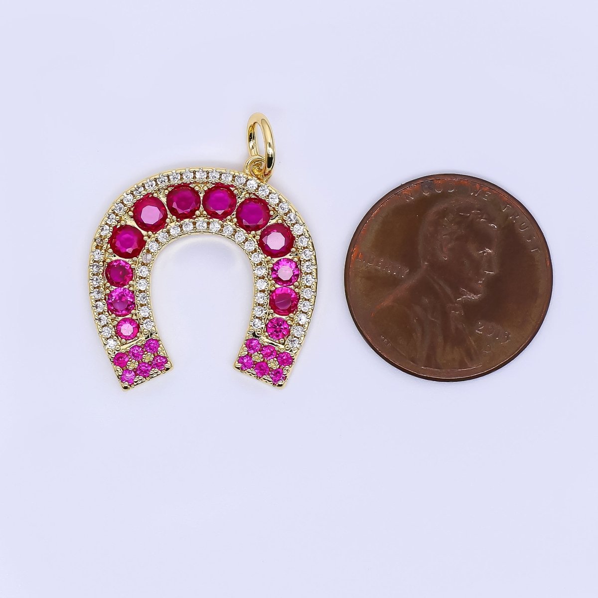 24K Gold Filled 21.5mm Micro Paved CZ Hot Pink Horseshoe Charm | W642 - DLUXCA