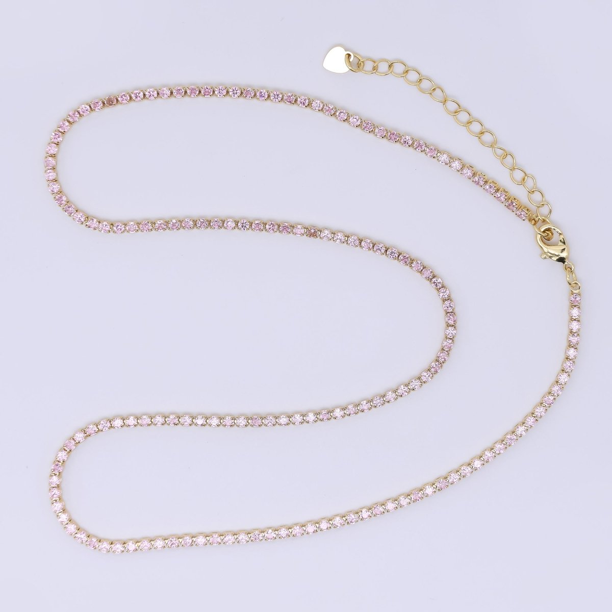 24K Gold Filled 2.1mm Green, Pink, Clear Round CZ Solid Color Tennis Chain 16 Inch Necklace with Extender | WA - 3812 - WA - 3814 - DLUXCA