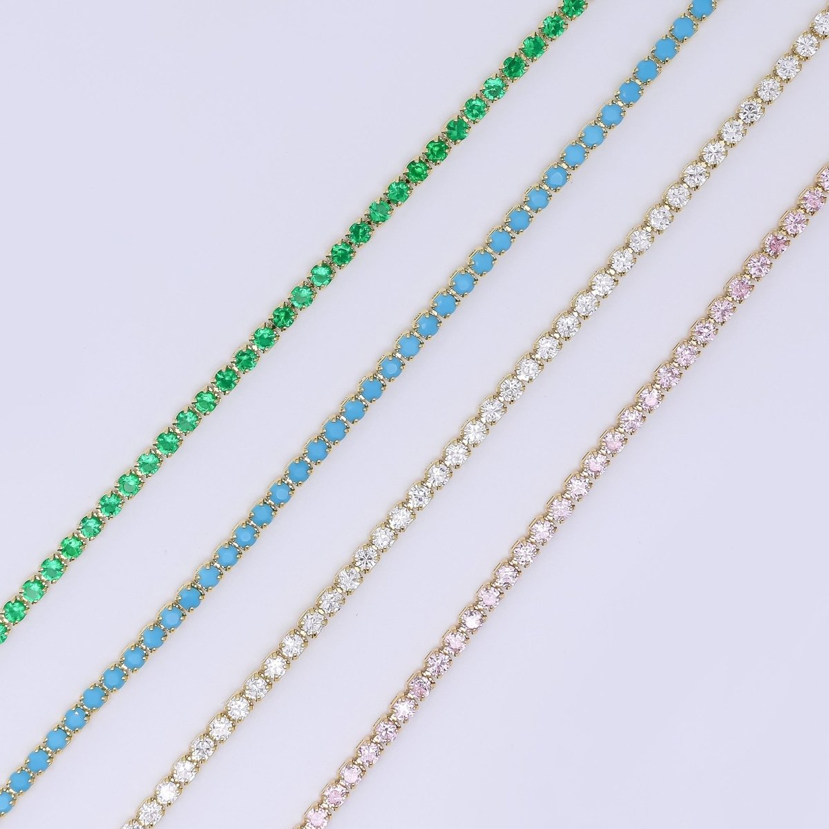 24K Gold Filled 2.1mm Green, Pink, Clear Round CZ Solid Color Tennis Chain 16 Inch Necklace with Extender | WA - 3812 - WA - 3814 - DLUXCA