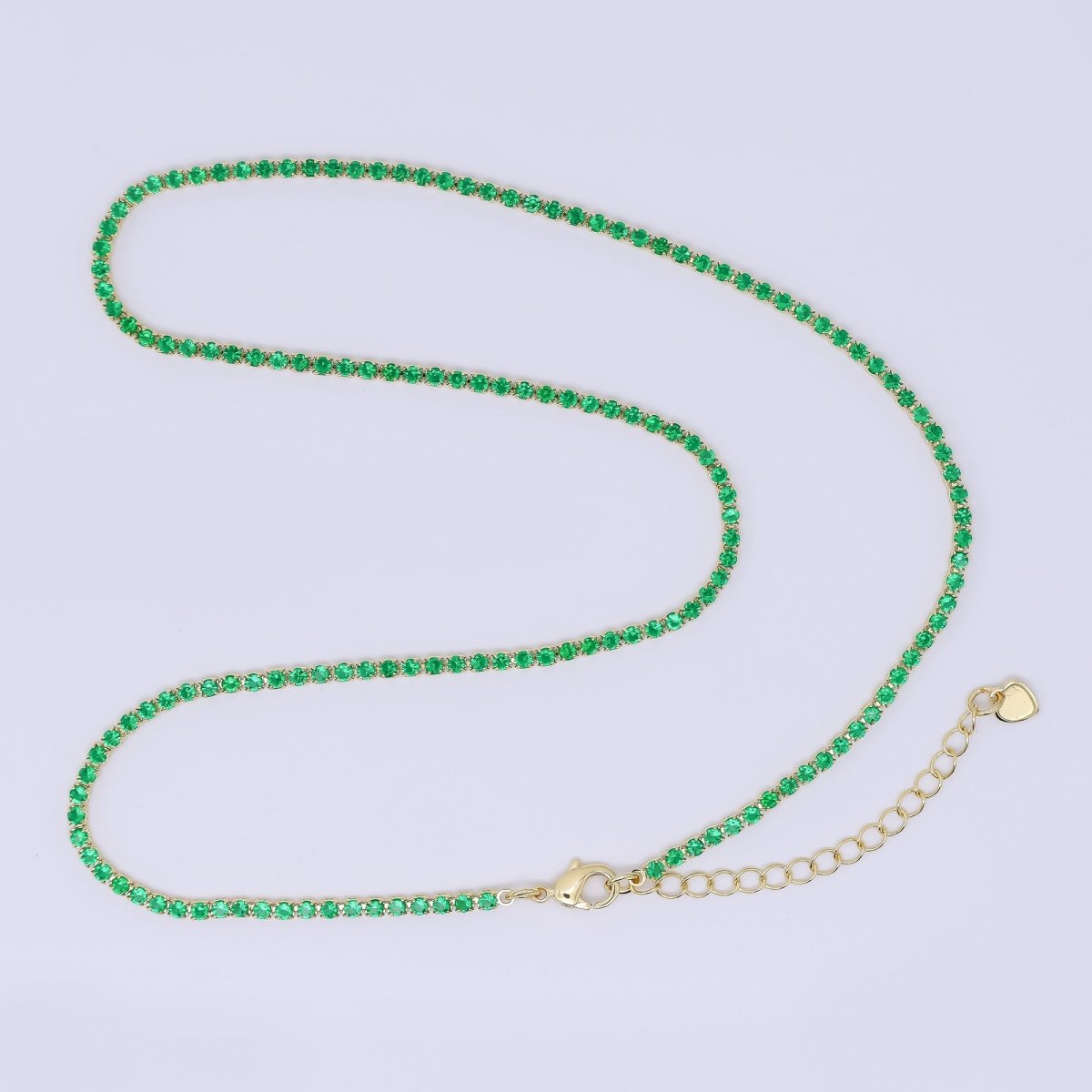 24K Gold Filled 2.1mm Green, Pink, Clear Round CZ Solid Color Tennis Chain 16 Inch Necklace with Extender | WA - 3812 - WA - 3814 - DLUXCA