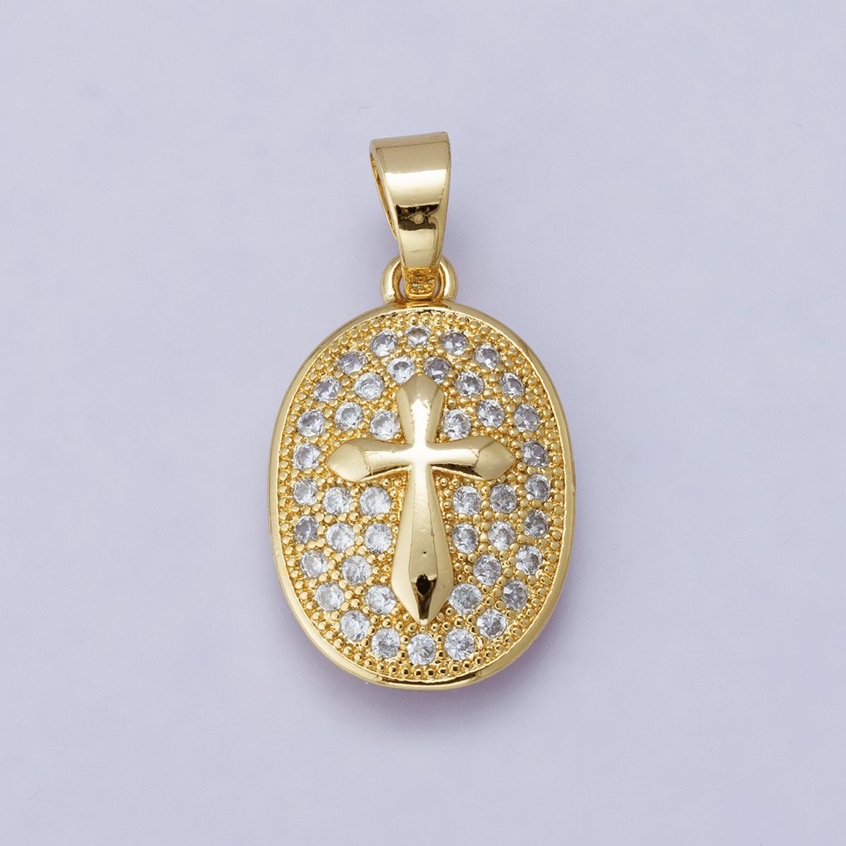 24K Gold Filled 21mm Micro Paved CZ Cross Oval Religious Pendant | H00096 - DLUXCA