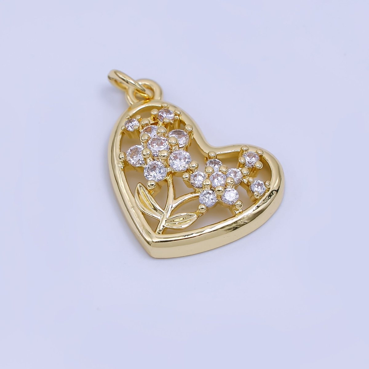 24K Gold Filled 21mm Micro Paved CZ Heart Framed Flower Pendant | AC1596 - DLUXCA