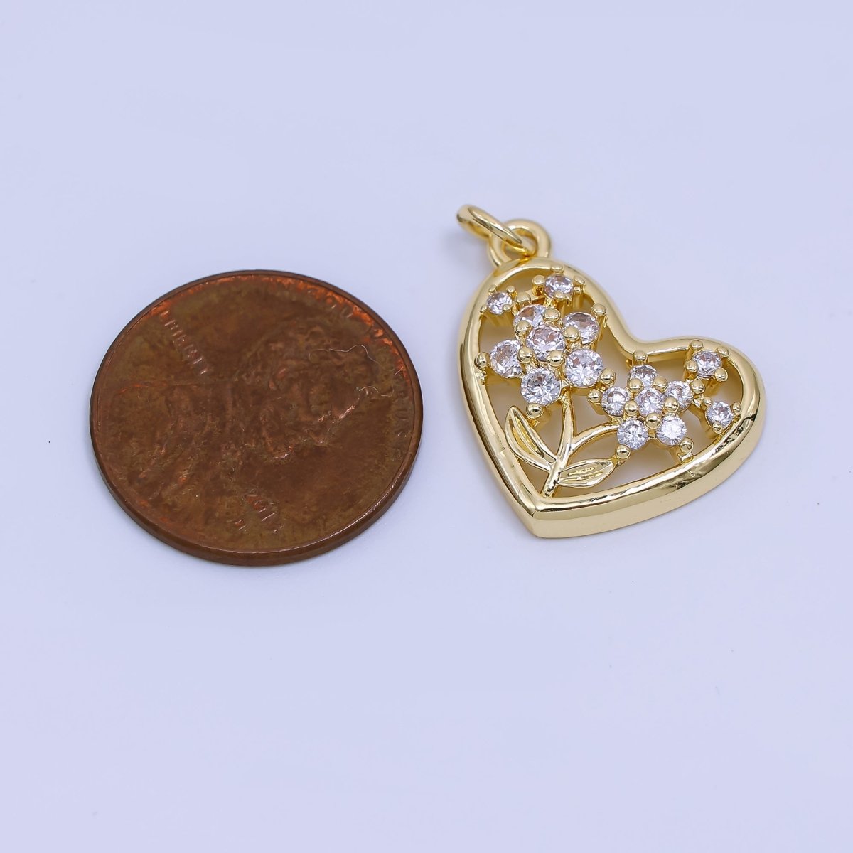 24K Gold Filled 21mm Micro Paved CZ Heart Framed Flower Pendant | AC1596 - DLUXCA