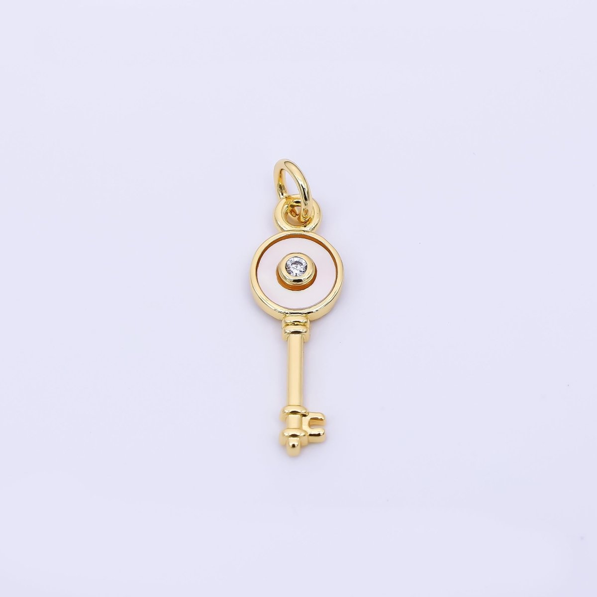 24K Gold Filled 21mm Round CZ Mother of Pearl Art Key Charm | AH - 563 - DLUXCA