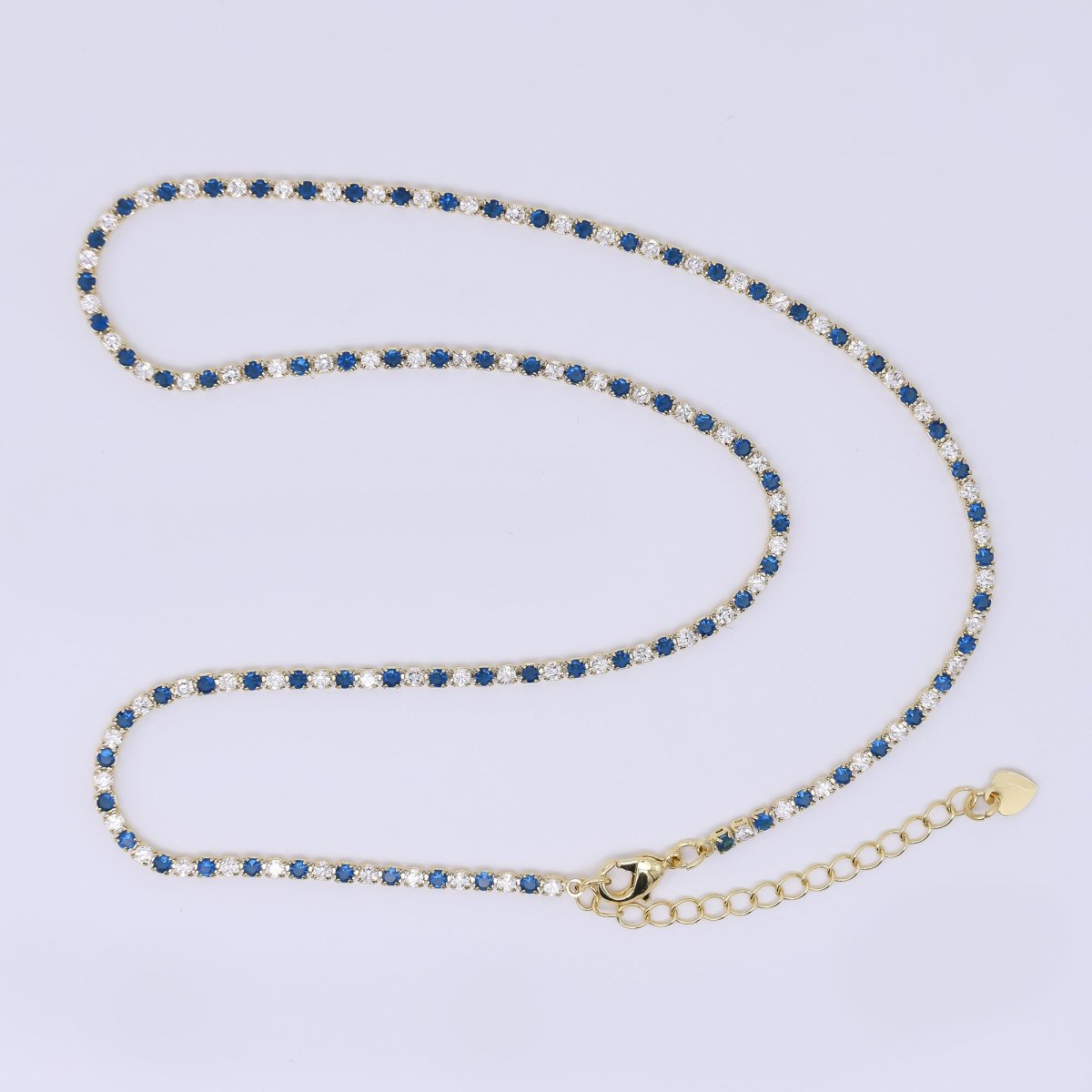 24K Gold Filled 2.2mm Green, Blue Round CZ Alternating Two Colors Tennis Chain 16 Inch Necklace with Extender | WA - 3810 - WA - 3811 - DLUXCA