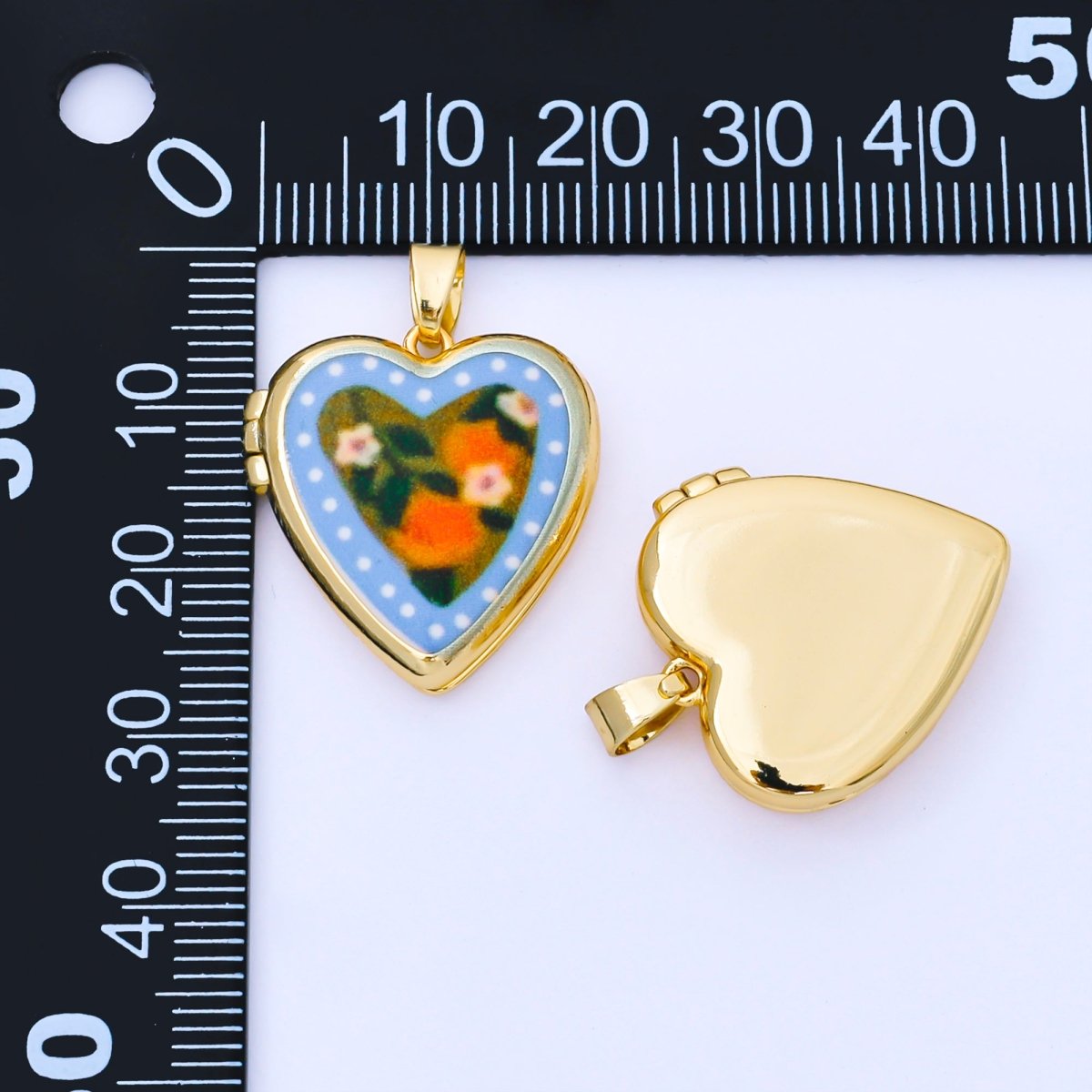 24K Gold Filled 22mm Hand - Painted Enamel Heart - Shaped Locket Flower Pendant | AA1613 ~ AA1617 - DLUXCA