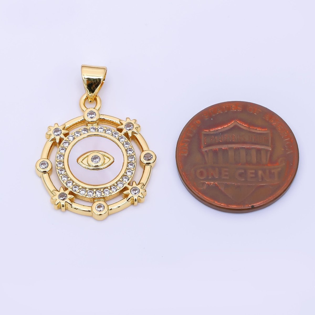 24K Gold Filled 22mm Micro Paved CZ Shell Pearl Evil Eye Round Bezel Pendant | AH543 - DLUXCA