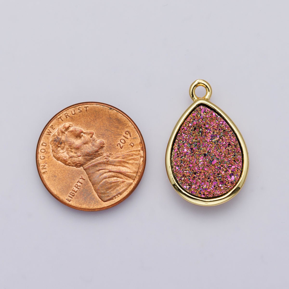 24K Gold Filled 22mm Pink, Purple Glitter Druzy Teardrop Charm | E00439 - DLUXCA